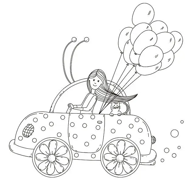 Vector illustration of Girl riding a beetle car with cat and balloons. Vector