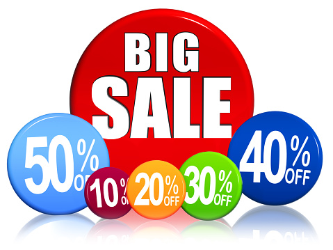 words big sale and different percentages in 3d colorful circles