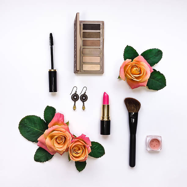istock Flat lay composition with makeup accessories for woman. Top view 586703300