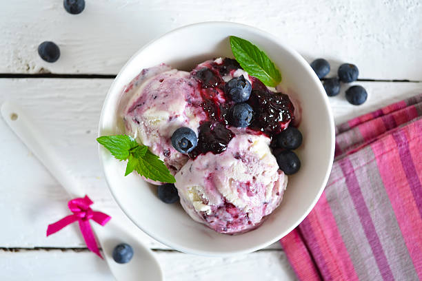 istock Vanilla ice cream with blueberries on white background, top view 586707060