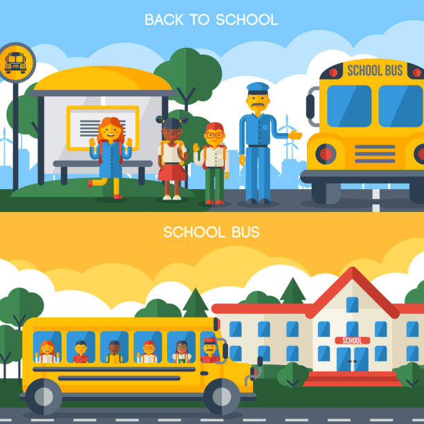 Back to School Banners with Yellow Bus Back to School Horizontal Banners with Yellow Bus, Driver and Funny Kids. Vector Flat Illustration. school bus stop stock illustrations