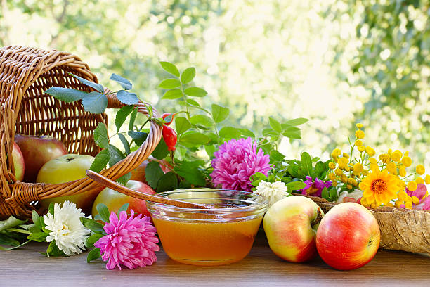 istock Flower honey, apples and garden flowers 586710094