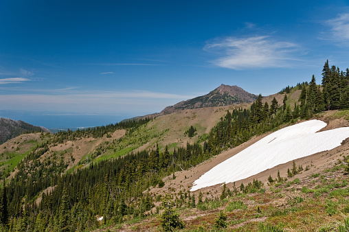 Aerial view of Mount Saint Helens and Mount Adams in the Cascade Range of Washington. Between the two volcanic peaks is an area called The Dark Divide. The Dark divide is the largest roadless wilderness in the lower 48 states.