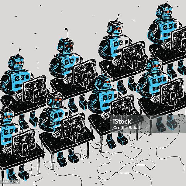 Group Of Robots And Personal Computer Stock Illustration - Download Image Now - Robot, Artificial Intelligence, Drawing - Activity