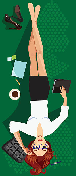 tired woman office employee, is resting on grass vector art illustration