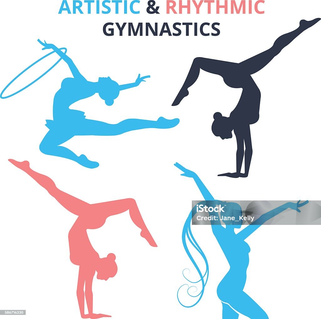 Ginástica artística e rítmica as silhuetas das mulheres. Ilustração vetorial - Vetor de Ginástica royalty-free