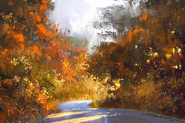 путь через красочный лес,иллюстрация - paintings watercolor painting landscape autumn stock illustrations