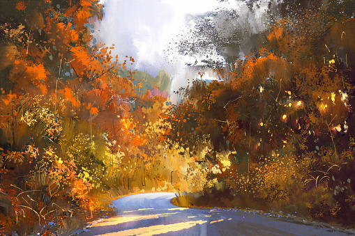 pathway through the colorful forest,autumn landscape painting,illustration