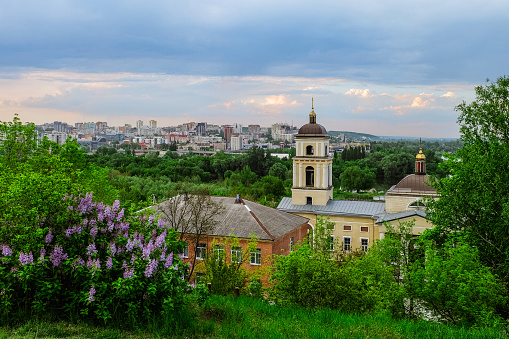 Belgorod city. Russia. View of the central part of the Belgorod region in the train station road. View from the St. Michael Church (1844 year of construction). City in fresh green plants.