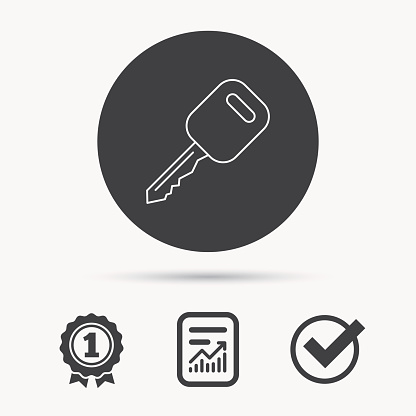 Car key icon. Transportat lock sign. Report document, winner award and tick. Round circle button with icon. Vector