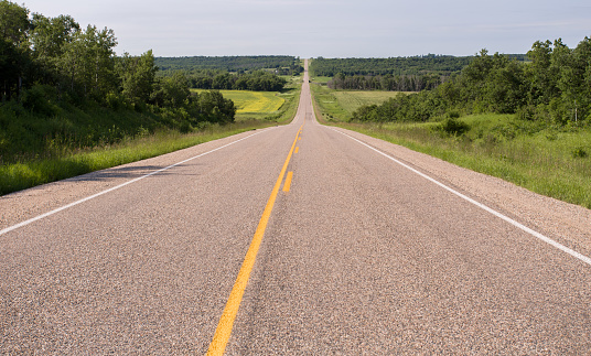 Wide angle view of an open road near Bend, Oregon with trees on either side.