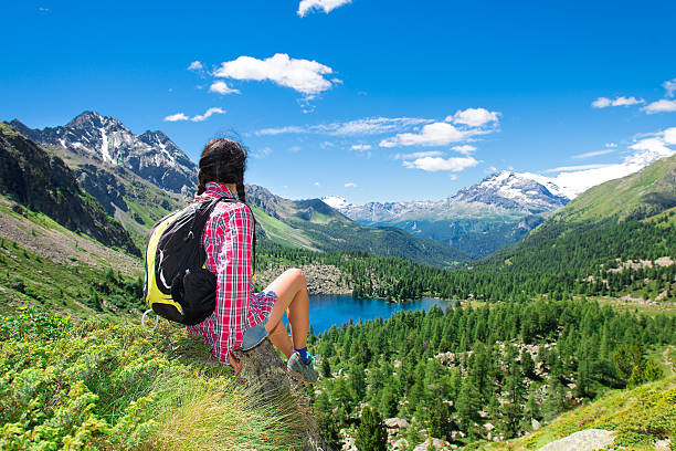 istock Girl resting during a trek in the mountains watching 586728676