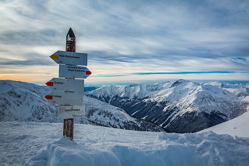 Signpost on a mountain trail in the winter, Kasprowy Wierch, Tatra Mountains