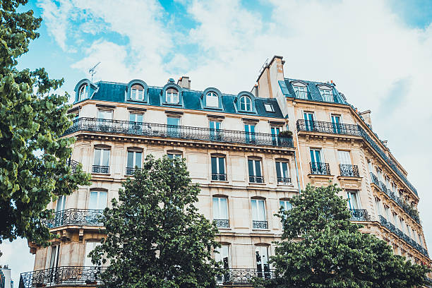 istock Low angle view of apartments with green bowed roof 586736652