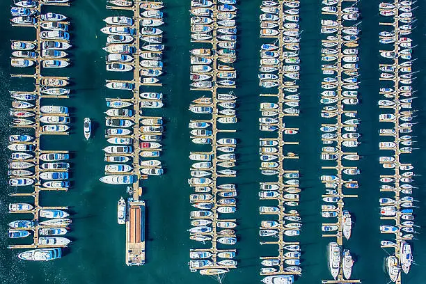 An aerial view of the boats anchored in Smith Cove, Elliot Bay Marina located in Seattle Washington.
