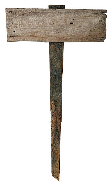 istock Weathered wooden sign board on an old wood post. 586740708