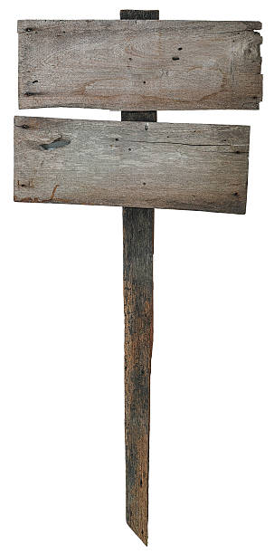 istock Two weathered wooden signboards on an old wood post. 586740886