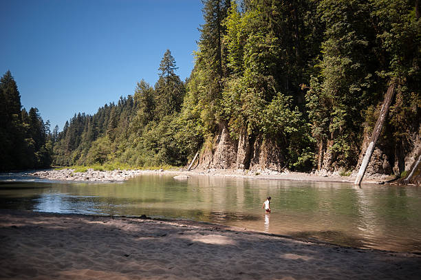A cute little girl is playing in a river running through an Oregon forest. The river is calm, which adds to the tranquil natural setting. The river is Sandy River, running through Sandy, OR.