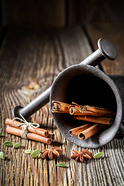 mortar with cinnamon, anise and cardamom - cardamom cinnamon mortar and pestle herb imagens e fotografias de stock