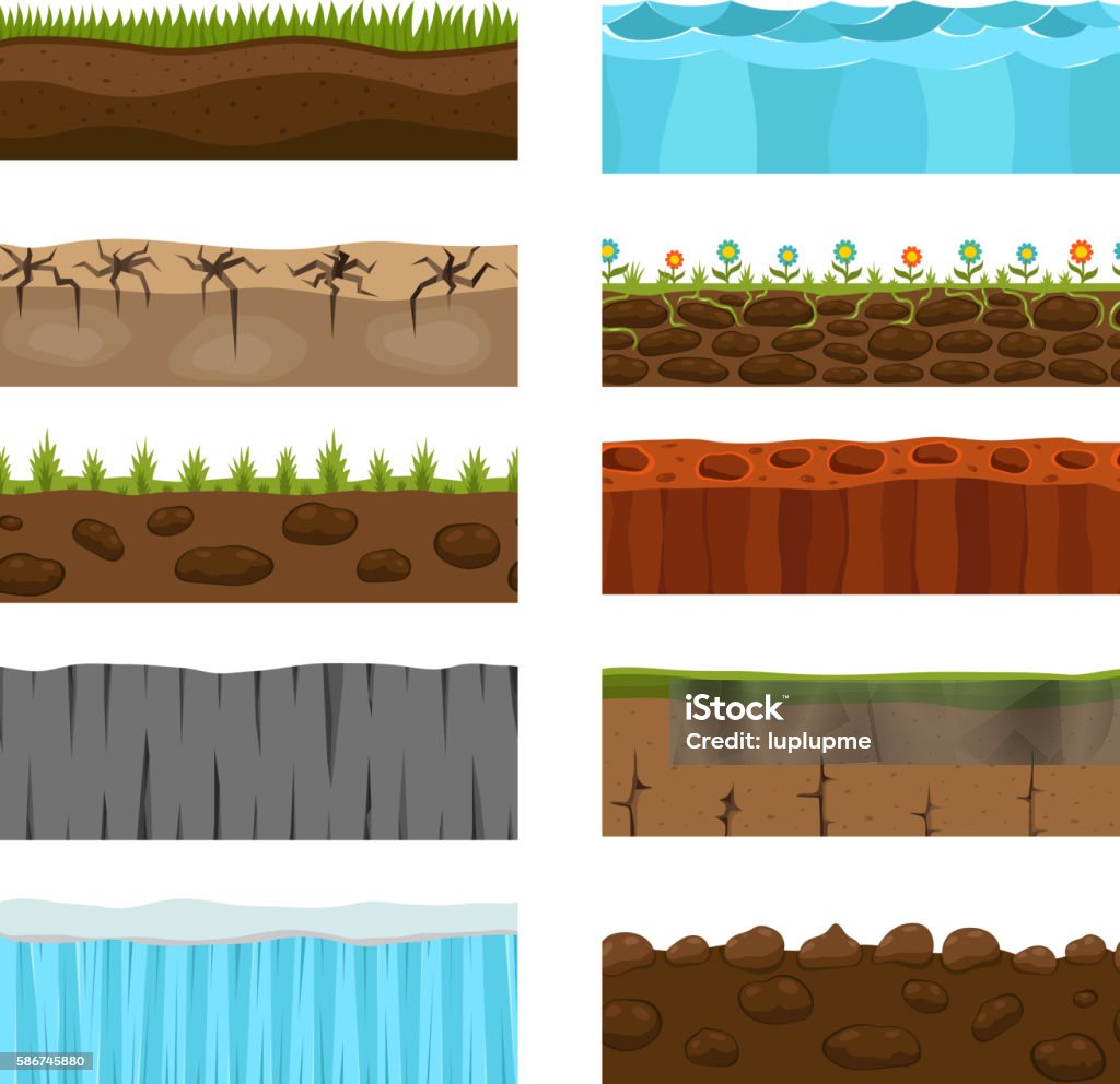 Ground slices vector set. Illustration of cross section of ground with grass isolated on white. Agriculture country gardening ground slices piece nature cross outdoor. Meadow ecology underground ground slices vector. Dirt stock vector