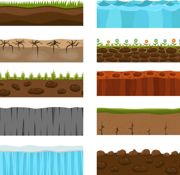 Ground slices vector set. Illustration of cross section of ground with grass isolated on white. Agriculture country gardening ground slices piece nature cross outdoor. Meadow ecology underground ground slices vector. roots music stock illustrations
