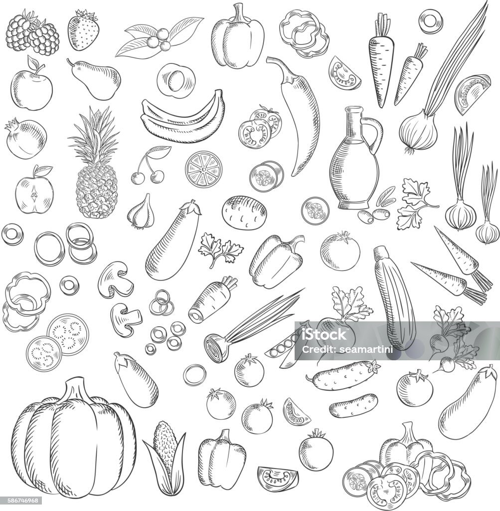 Frisch skizziertes Obst- und Gemüsesymbol - Lizenzfrei Obst Vektorgrafik