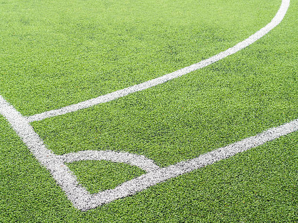 istock Soccer field, corner side, made from synthetic lawn 586752114