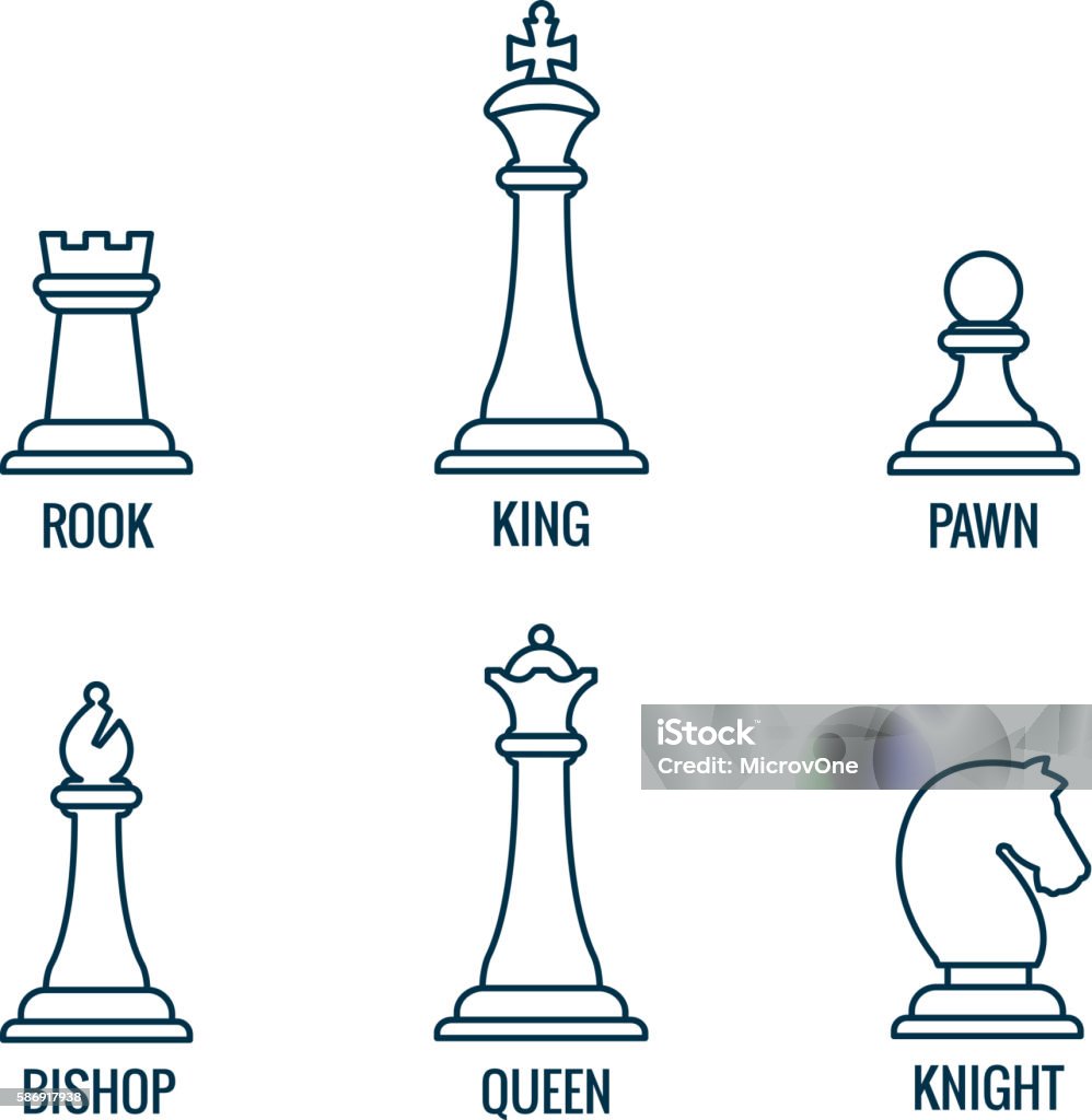 Chess pieces vector thin line icons king queen bishop rook Chess pieces in thin line vector icons, king and queen, bishop and rook, knight and pawn. Set of figure for chess and illustration of chess pieces Queen - Chess Piece stock vector