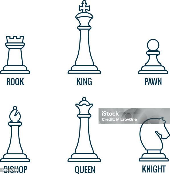 Chess Pieces Vector Thin Line Icons King Queen Bishop Rook Stock Illustration - Download Image Now