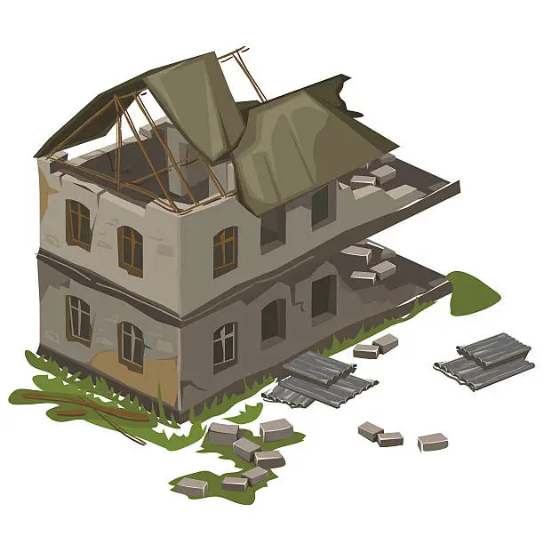 Vector illustration of One two-storey destroyed building, vector isolated