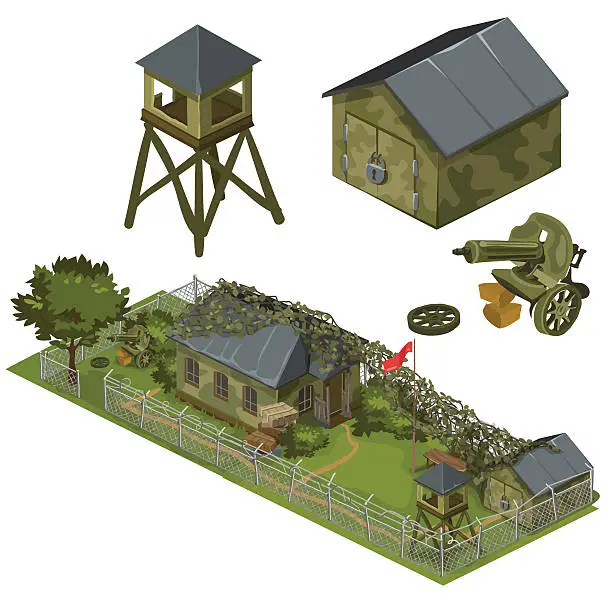 Vector illustration of Military garrison, garage, tower and machine gun