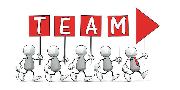 istock little sketchy men forming red arrow with signs - team 586920664
