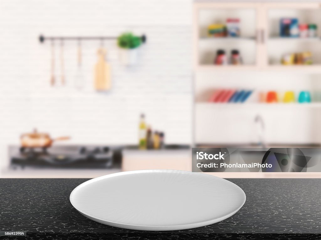 white dish 3d rendering empty dish with kitchen background Plate Stock Photo