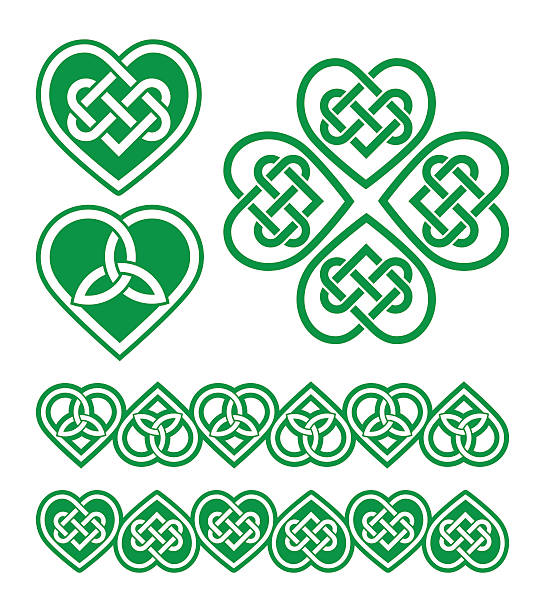 Irish, Scottish Celtic green heart vector pattern Celtic hearts pattern set isolated on white  celtic knot heart stock illustrations