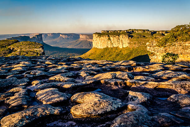 Mountain landscape, Chapada Diamantina, Bahia, Brazil Mountain landscape of Vale do Capao from the Morro do Pai Inacio and heart shaped stone in the foreground, Chapada Diamantina, Bahia, Brazil plateau photos stock pictures, royalty-free photos & images