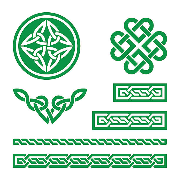 Celtic green knots, braids and patterns - vector Set of traditional Celtic symbols in green isolated on white - St Patrick's Day celtic knot symbol of eternal love stock illustrations