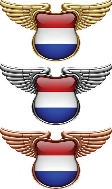 gold-, silber- und bronze-auszeichnungszeichen mit flügeln und niederländischer flagge - bronze silver gold perks stock-grafiken, -clipart, -cartoons und -symbole