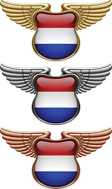 illustrations, cliparts, dessins animés et icônes de panneaux de récompense or, argent et bronze avec ailes et drapeau néerlandais - bronze silver gold perks