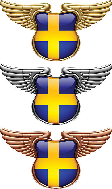 ilustrações de stock, clip art, desenhos animados e ícones de gold, silver and bronze award signs with wings and sweden flag - shield bronze gold silver