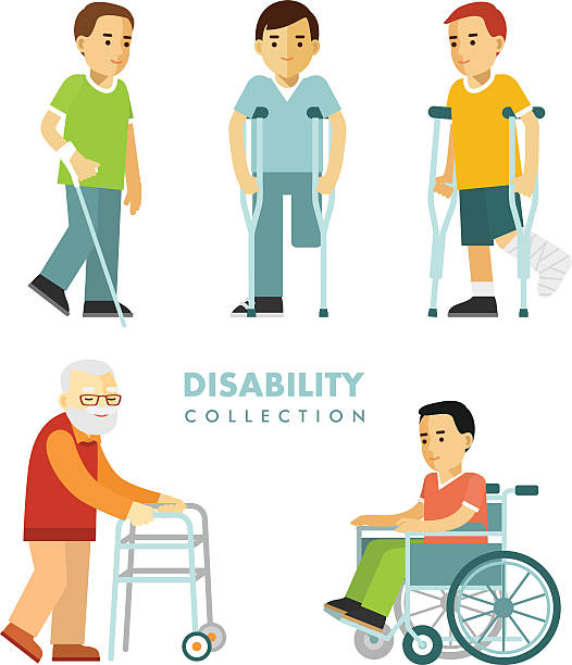 illustrations, cliparts, dessins animés et icônes de ensemble de personnes handicapées - physical injury men orthopedic equipment isolated on white