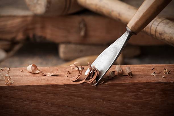 closeup gouge for wood on carpenter workbench stock photo