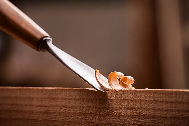 closeup gouge for wood on carpenter workbench stock photo