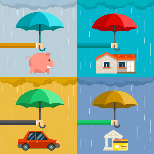 страховая концепция, безопасность имущества в плоском стиле - security umbrella rain currency stock illustrations