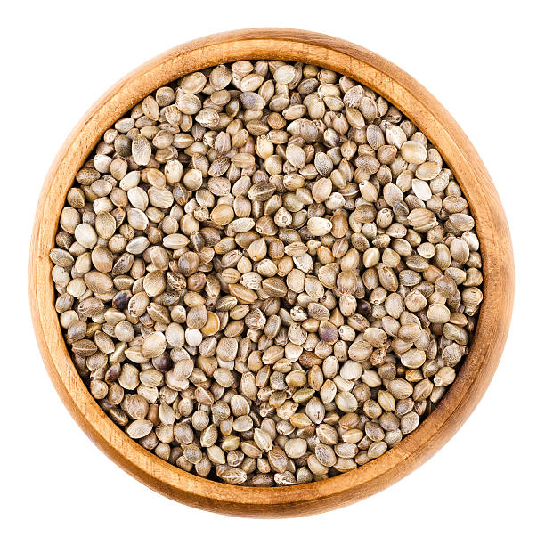 Hemp seeds in a bowl on white background