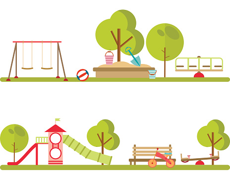 Playground infographic elements vector flat illustration.Kids playing equipment playground infographic set.Flat style cartoon vector illustration with isolated playground infographic objects.