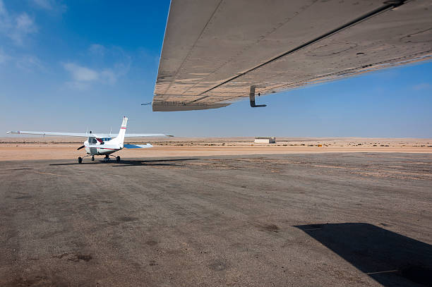 istock Two light aeroplanes parked in the runway 586934426