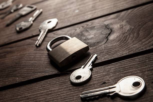 istock Keys and lock on wooden background, Security concept 586934686
