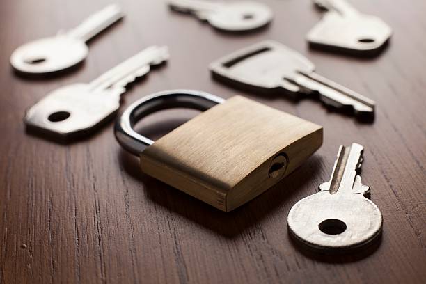 istock Keys and lock on wooden background, Security concept 586934910