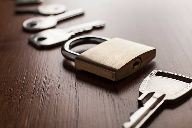 istock Keys and lock on wooden background, Security concept 586934934