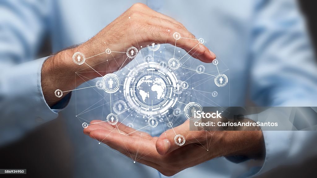 Geschäftsmann hält eine globale Verbindung, Kommunikationskonzept in der Hand - Lizenzfrei Globus Stock-Foto